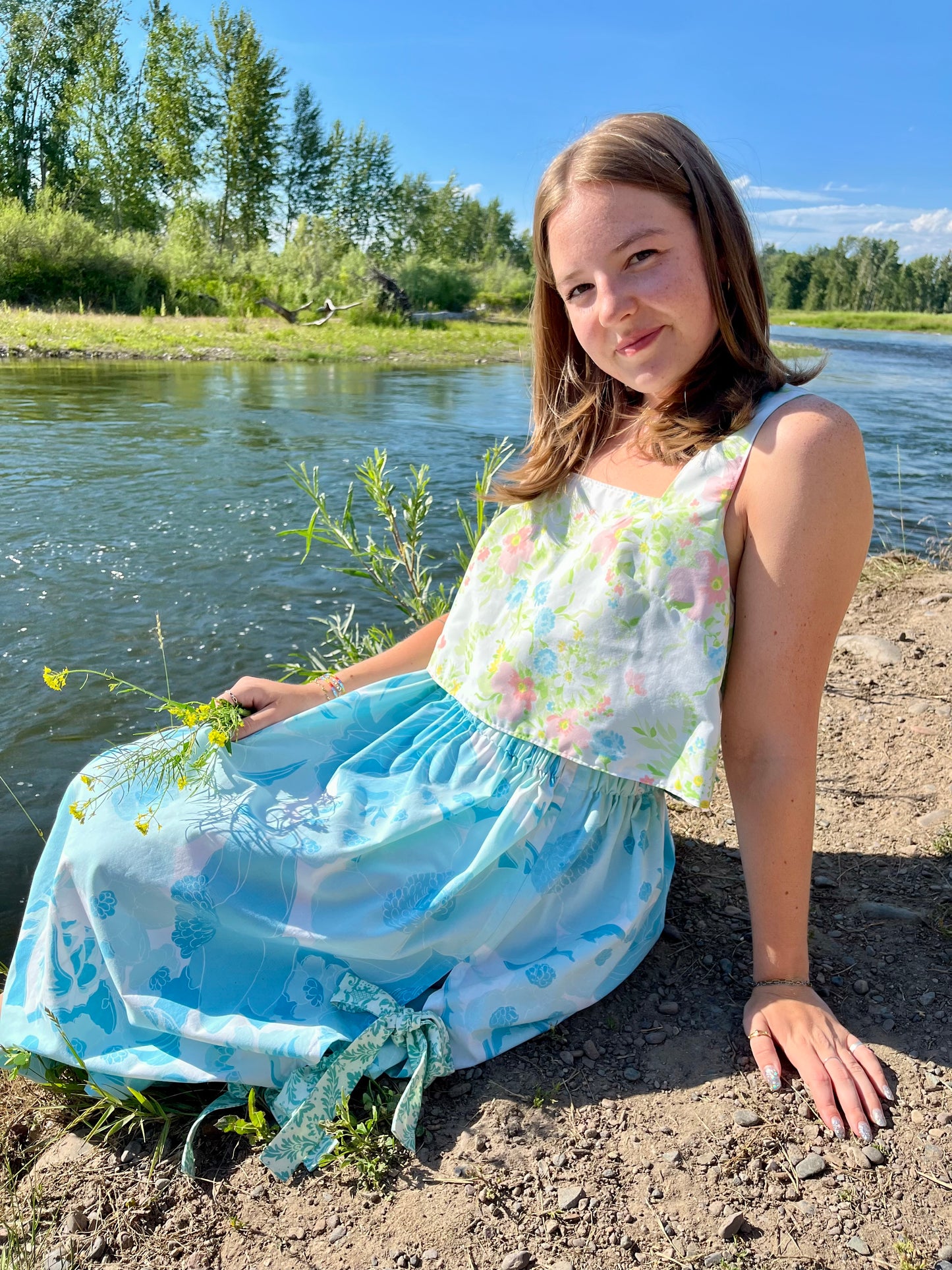 Blue Roses Midi Bow Skirt - Small