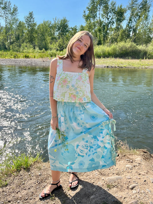 Blue Roses Midi Bow Skirt - Small